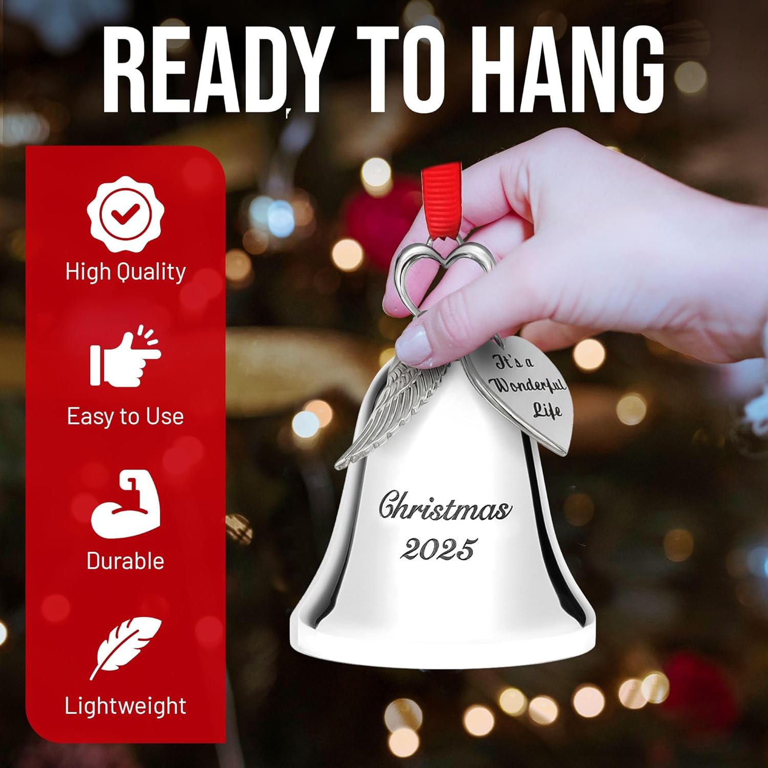 Silver Christmas Bell Ornament 2025 – Collectible Holiday Bell Engraved “Christmas 2025” with Angel Wing and “It’s A Wonderful Life” Tags – Movie Tribute Keepsake - Image 4