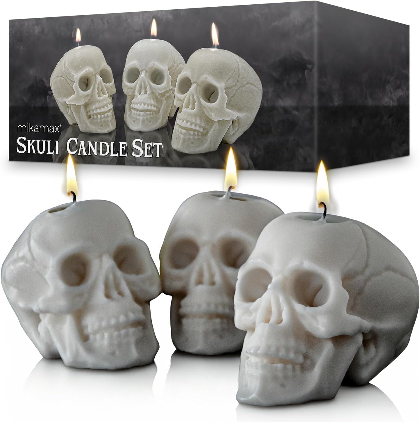 Skull Candle Set - 3 x Skull Candle Set, Made of Pure Beeswax, Figure Candles for Halloween, Rituals and Decoration - Gothic Design - Drip Candles in White