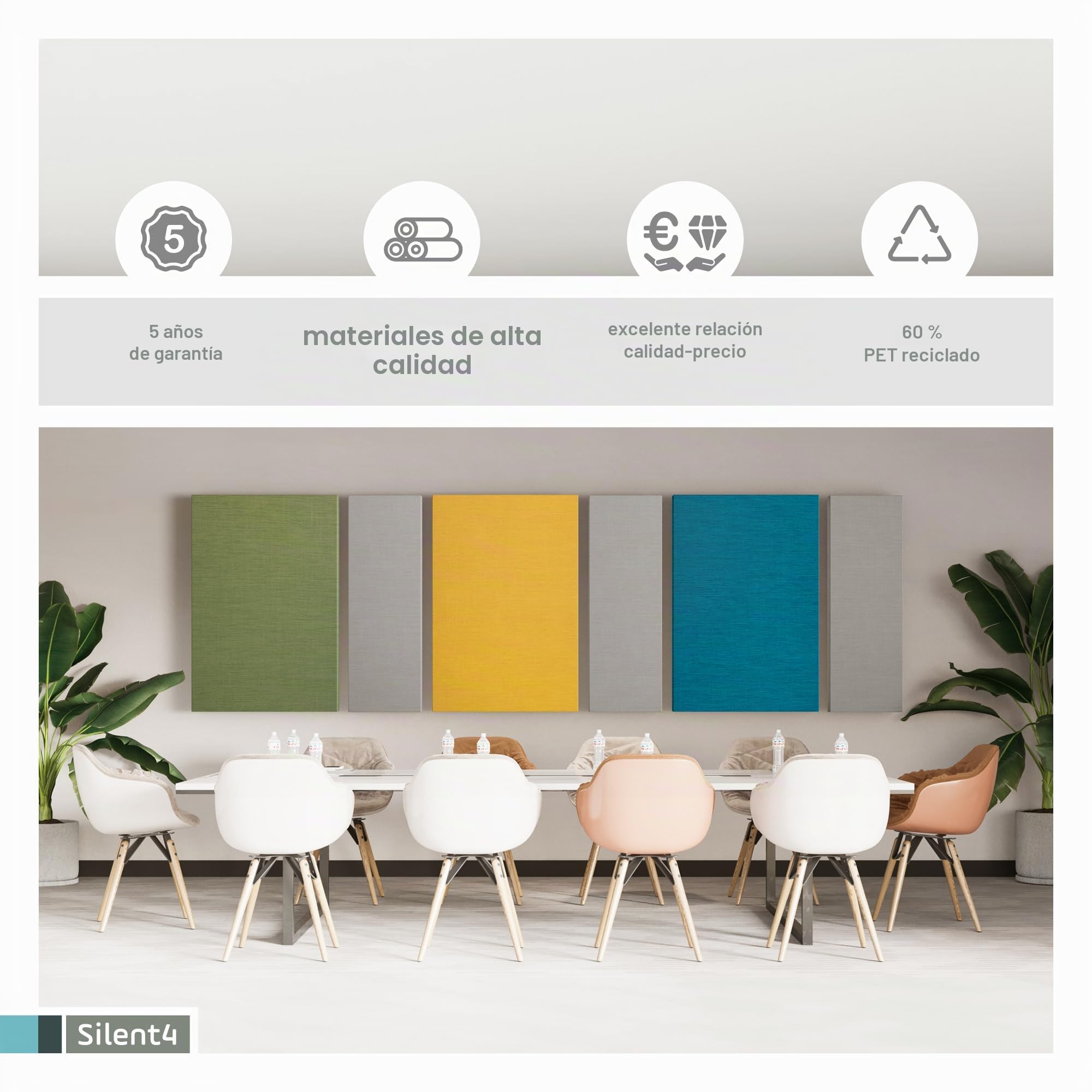 SILENT4® Panel Acústico Pared 114x72x5cm Cuadro Fonoabsorbente de Fibra, Montaje Cinta Autoadherente y Tornillo, Mejora Acústica Medible, Tapizado Tela Color Jeans
