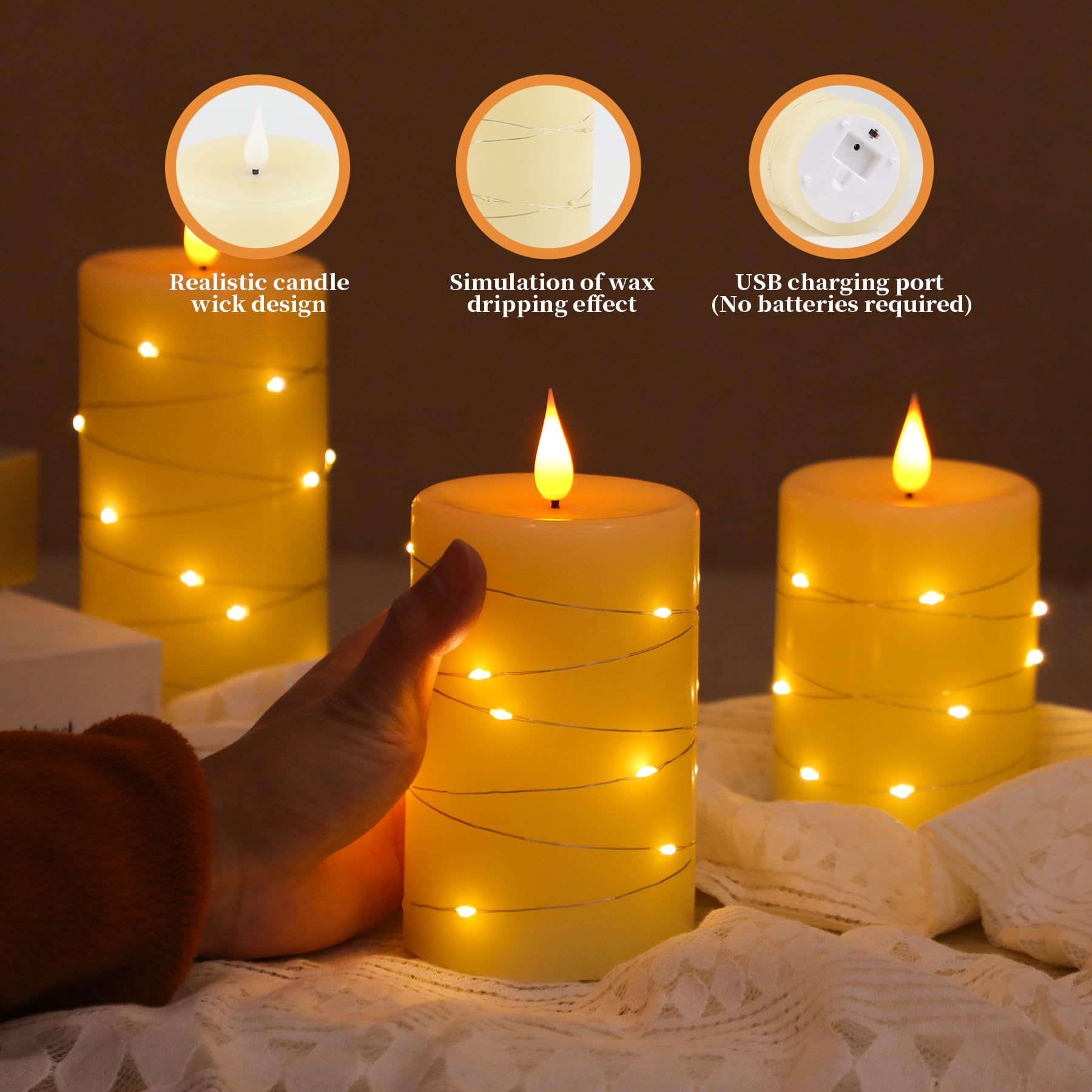 Forever Speed Led Candles Rechargeable,Fairy Lights Candle,Real Wax Led Candles with Remote Control and Timer,Pack of 3 Flickering Flameless Candles USB Candles for Christmas Decoration - Image 4
