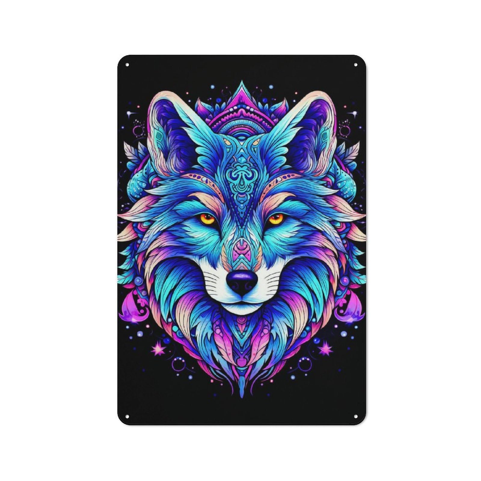 Tin Sign with Fantasy Wolf Design 30x20cm, Weathered Look Industrial Wall Art for Workshop, Basement, Shed Or Games Room
