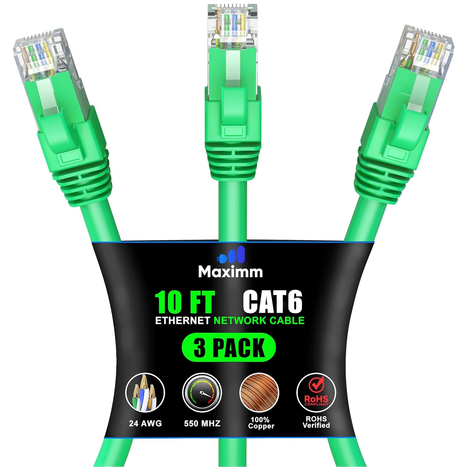 Maximm Cat 6 Ethernet Cable 10 Ft, (3-Pack) Cat6 Cable, LAN Cable, Internet Cable, Patch Cable and Network Cable - UTP (Green) 10 Feet with 100 Cable Clips and Zip Ties