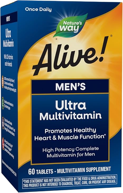 Nature's Way Alive! Men's Daily Ultra Multivitamin, High Potency Formula, Promotes Heart & Muscle Function*, with Methylated Vitamin B12, Gluten Free, 60 Tablets