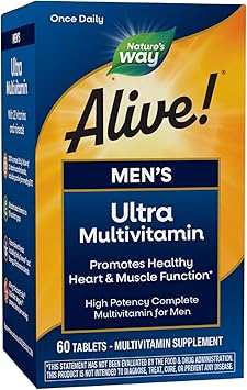 Nature's Way Alive! Men's Daily Ultra Multivitamin, High Potency Formula, Promotes Heart & Muscle Function*, with Methylated Vitamin B12, Gluten Free, 60 Tablets