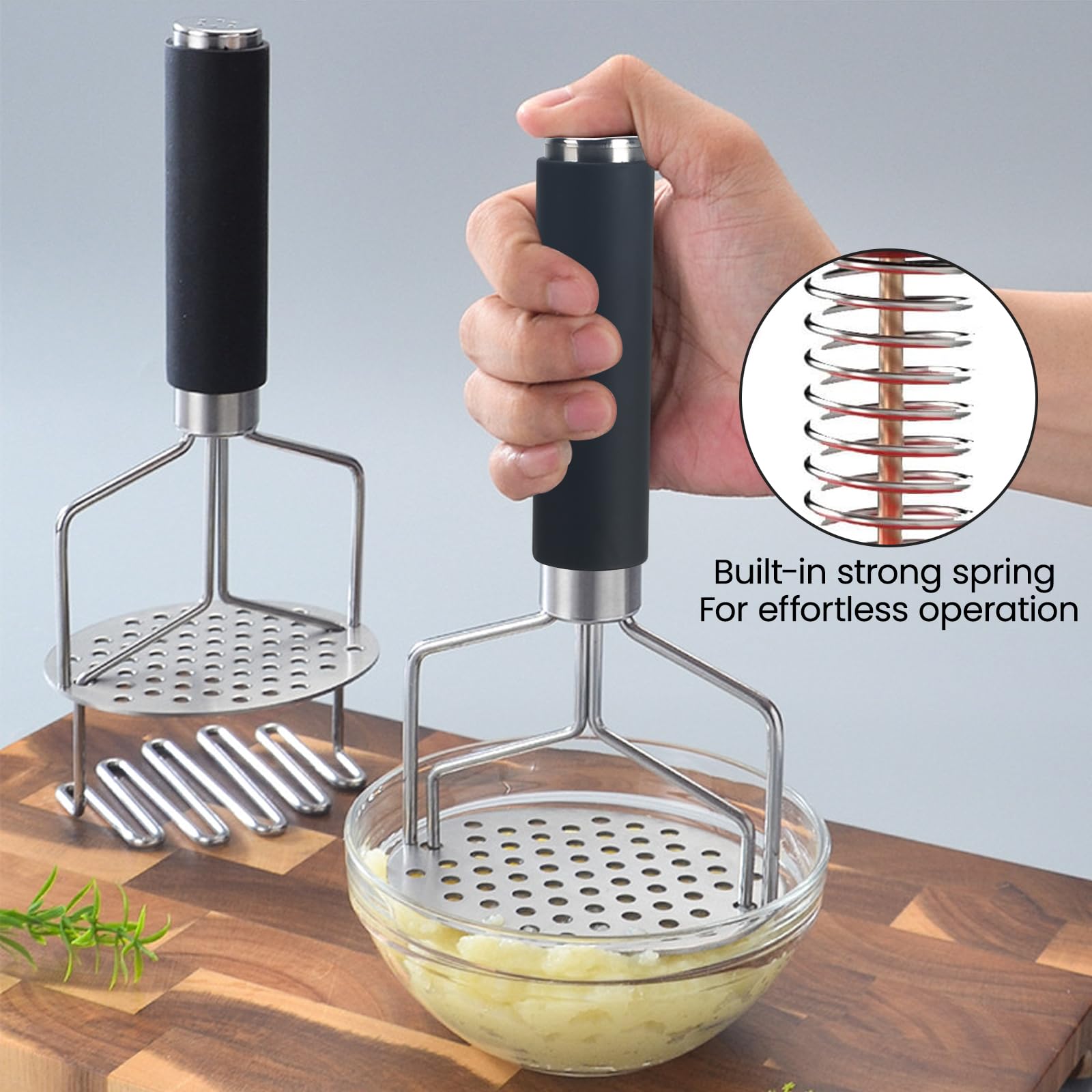 Machacador de Patatas Aplastador de Patatas Triturador de Patatas Redondo Prensa Doble Patatas de Acero Inoxidable Potato Masher Con Mango Negro