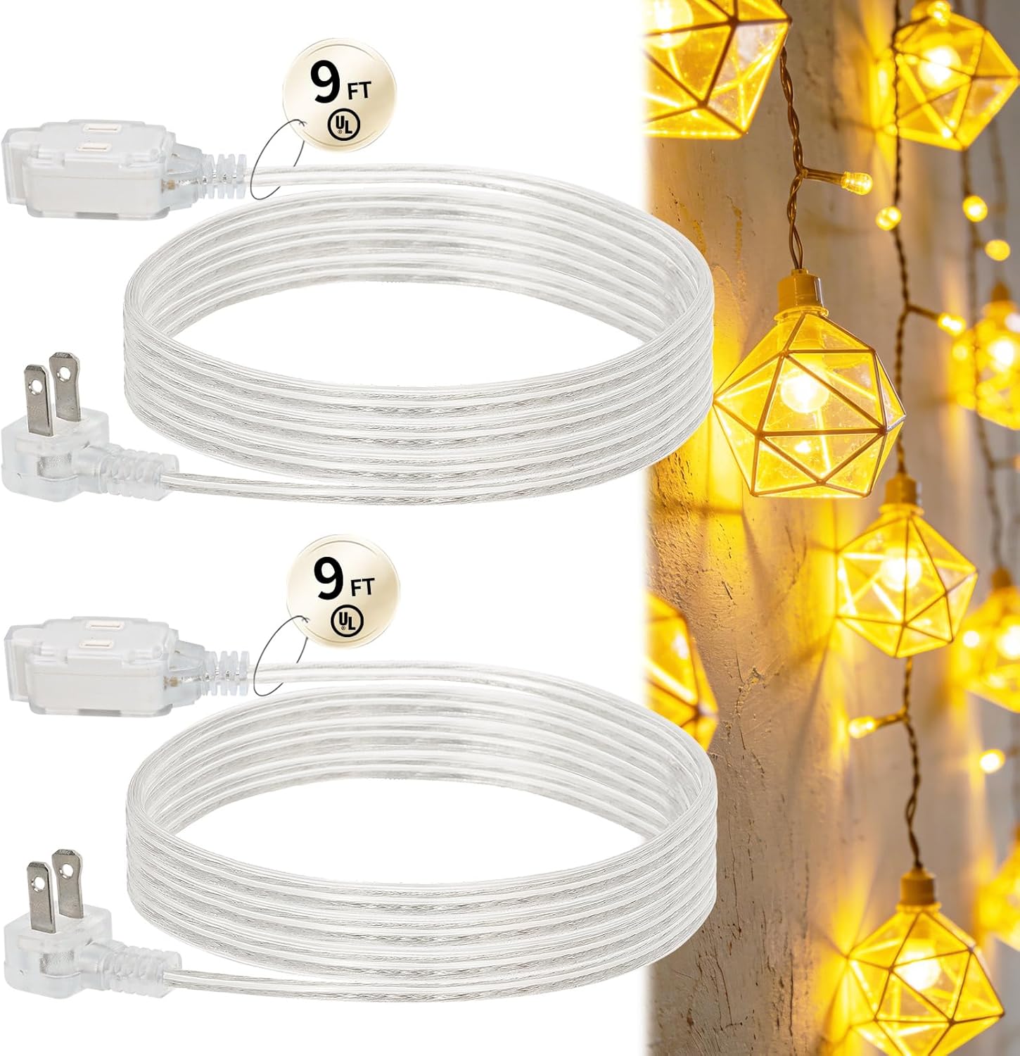 2 Pack 9FT 3 Outlet Clear Extension Cord Indoor Thin, Flat Extension Cord 2 Prong, 3 Polarized Outlets Clear Extension Cords for Light Fixtures, UL-Certified, Home and Office, 7A/125V, 18 AWG