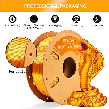 ERYONE Silk Color PLA Filament 3D Printer 1.75mm +/- 0.03mm, Shiny Filament Silk PLA 1KG(2.2lbs) Cardboard Spool, Silk Gold