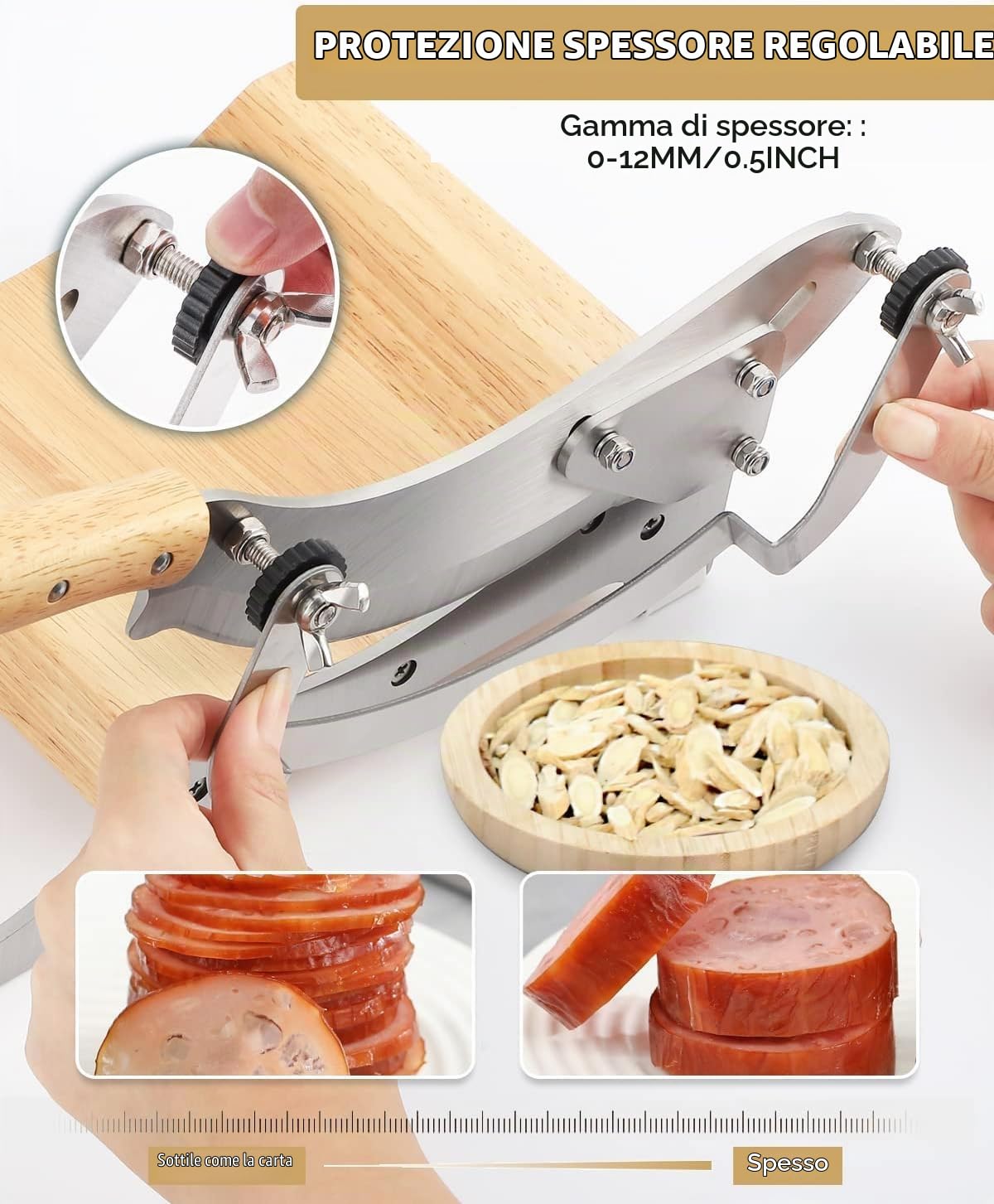 Moongiantgo Affettatrice Manuale per Medicina Cinese, 0-12mm Regolabile | 23cm Lama in Acciaio Inox, Spessore Regolabile, Vassoio Magnetico, Base in Legno, per Ginseng, Gastrodia, Carne Secca, Erbe
