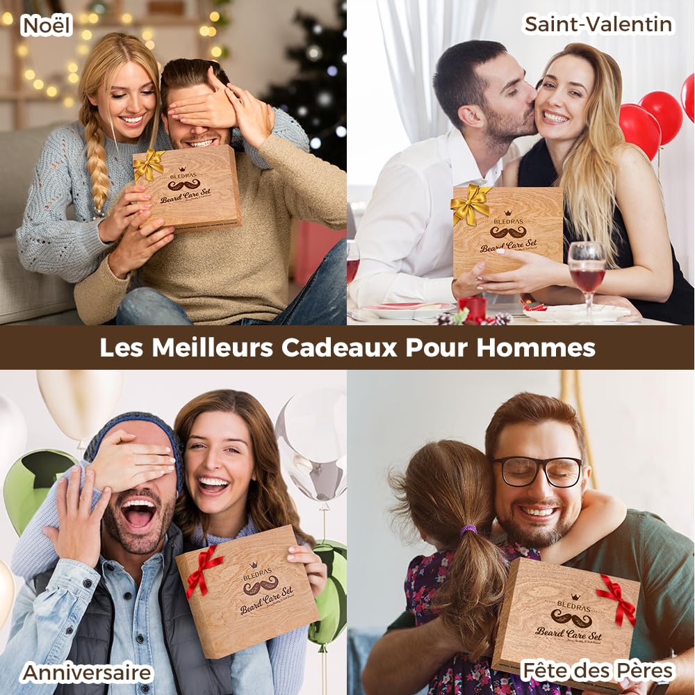 Bledras Kit Barbe Homme 13 en 1, Coffret Barbe Homme avec Huile à Barbe, Shampoing à Barbe, Crème à Barbe, Crayon à Barbe, Ciseaux à Barbe, Brosse à Barbe, Peigne à Barbe, Rasoir, 5 Lames de Rasoir