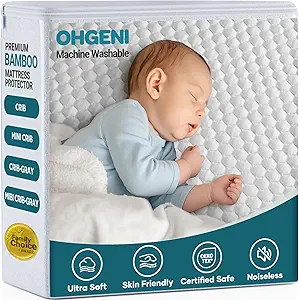 OhGeni 100% Waterproof Mattress Protector, Crib Size, Fitted Sheet with Stretchable Pockets, Deep Sleep Noiseless Soft. Breathable Cooling Hypoallergenic Material, Mattresses Cover for Bed