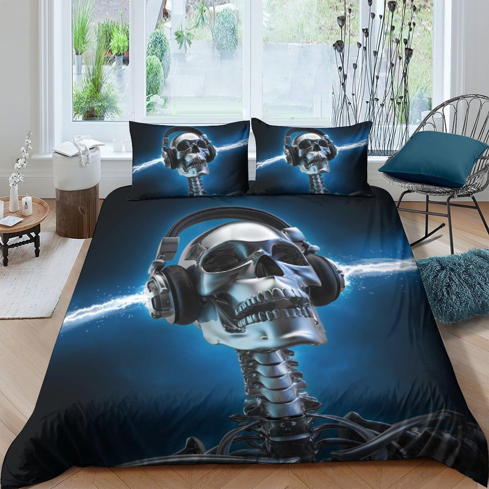 Ctjqhvkz Style-4 3D Printed Skull Headphones Fitted Sheet Microfiber Soft Black Blue Skeleton Bed Cover For Bedroom Dorm Mattress Protection Decor Single（135X200cm）