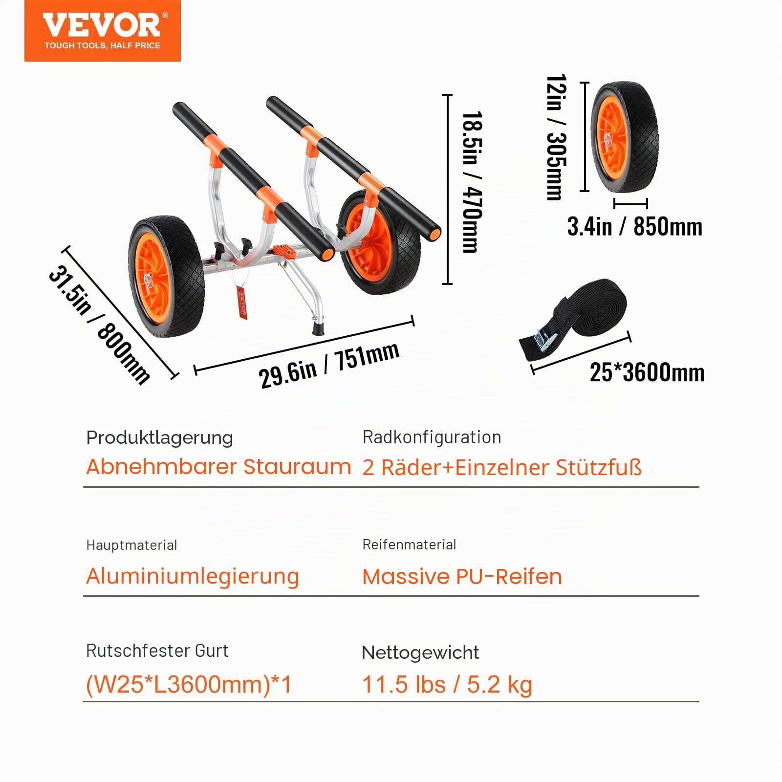 VEVOR Kajakwagen Kanuwagen aus Aluminiumlegierung 800x751x470mm bis 204kg belastbar 30cm Gummiräder 170-440mm Einstellbar Für Bootswagen Kajak Kanu Transportwagen Trolley Surfwagen Bootstrailer