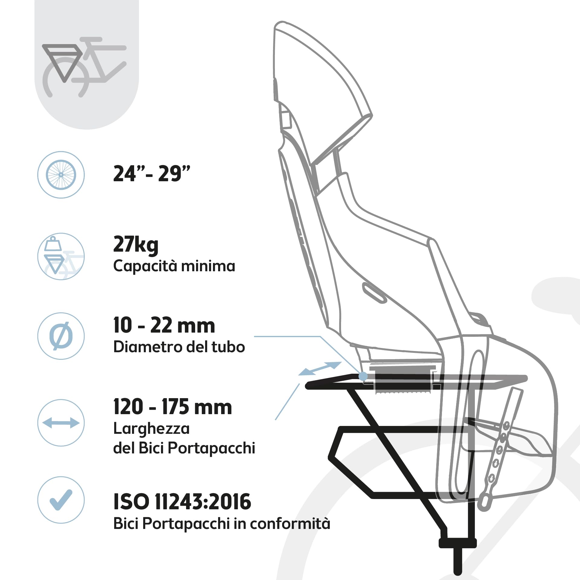 Seggiolino Posteriore Bicicletta Bambini Reclinabile Al Telaio e Portapacchi Bobike EXCLUSIVE EVOLVE MAXI doppia parete, sospensione integrata, poggiatesta regolabile e cintura a 5 punti, fino a 22 kg
