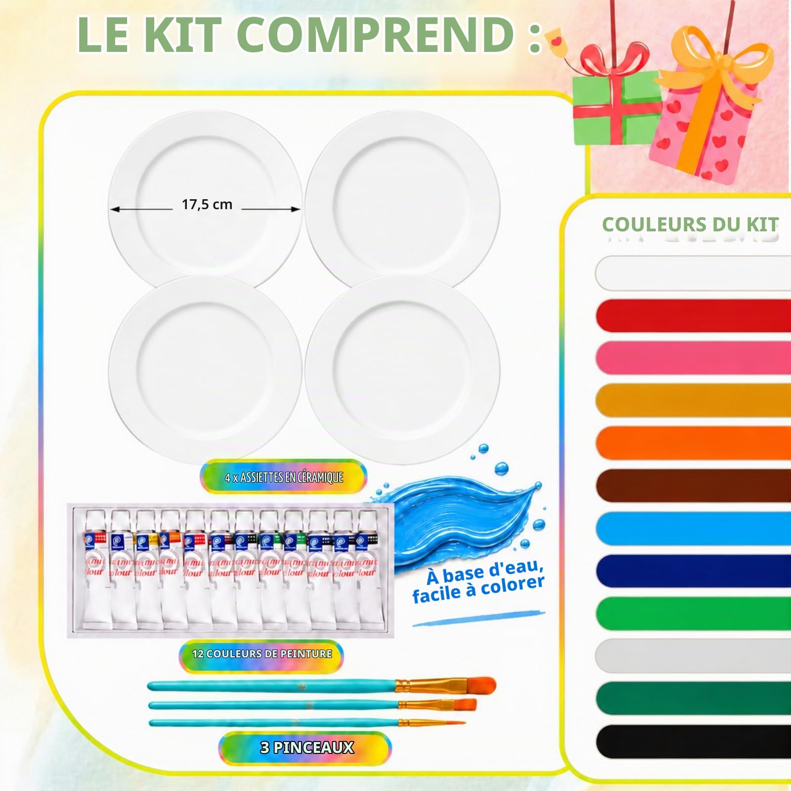 Sinmoe Kit de Peinture d'Assiettes en Céramique Comprend 4 Assiettes en Porcelaine 3 Pinceaux 12 Peintures Acryliques 1 Coffret Cadeau 1 Palette à Peindre DIY(7 Pouces,Luxe Moderne,4 Pièces)