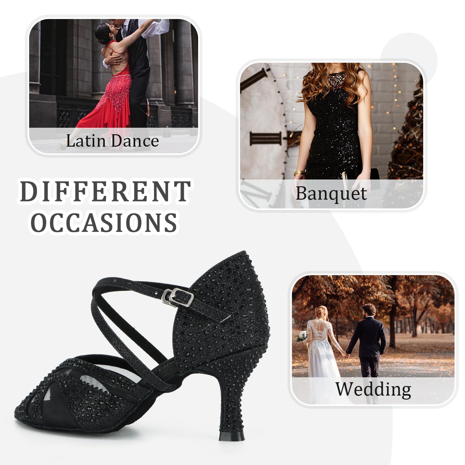 Zapatos de Baile Latino para Mujer Salsa Tango Bachata Vals con Pedrería Zapatos de Baile de Salón Suela Blanda 1050