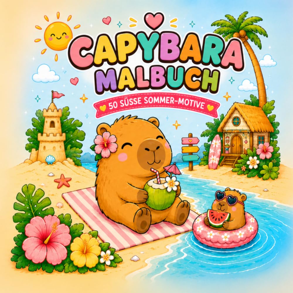 Capybara Malbuch: 50 süße Sommer-Motive zum ausmalen | Niedliche und entspannende Capybara- Abenteuer mit dicken Linien und großen Flächen