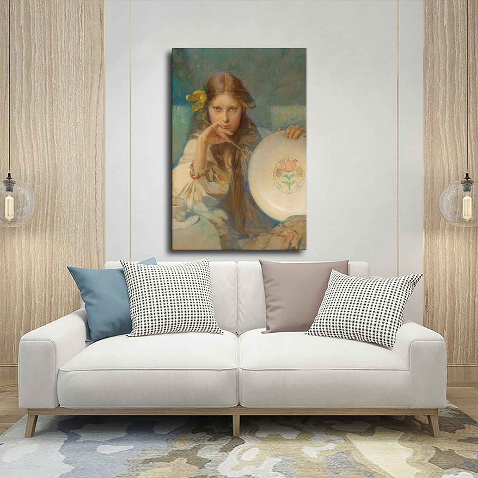 Stampa artistica da parete con ragazza con un piatto con motivo folk, stampa artistica da parete per soggiorno, camera da letto, decorazione 61 cm L x 91,4 cm W