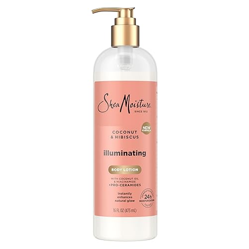 SheaMoisture Loción corporal iluminadora con aceite de coco, hibisco, niacinamida y proceramidas, mejora instantáneamente el brillo natural de la