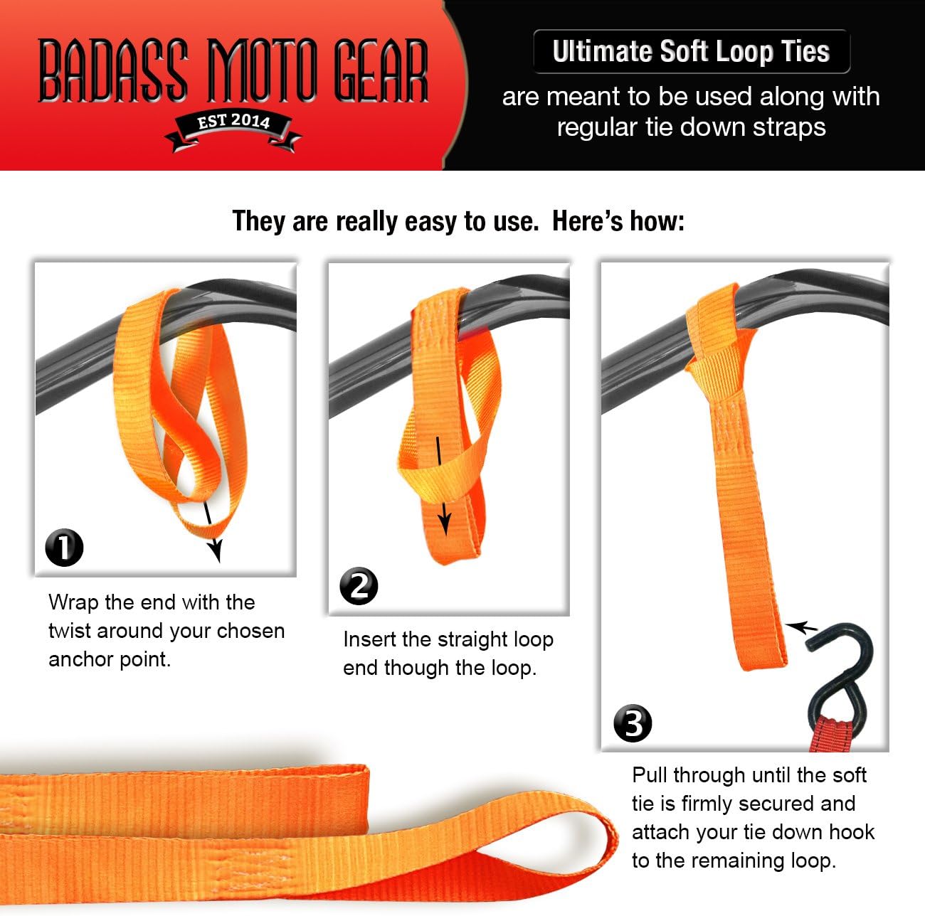 Badass Moto - Soft Loop Motorcycle Tie Down Straps - 11,000 Lbs Break Strength, Heavy Duty Ultra Soft Loops - Scratch Free Trailering - Tow Bikes, Trikes, ATV, UTV - Hi Vis Orange - 4 Tiedowns