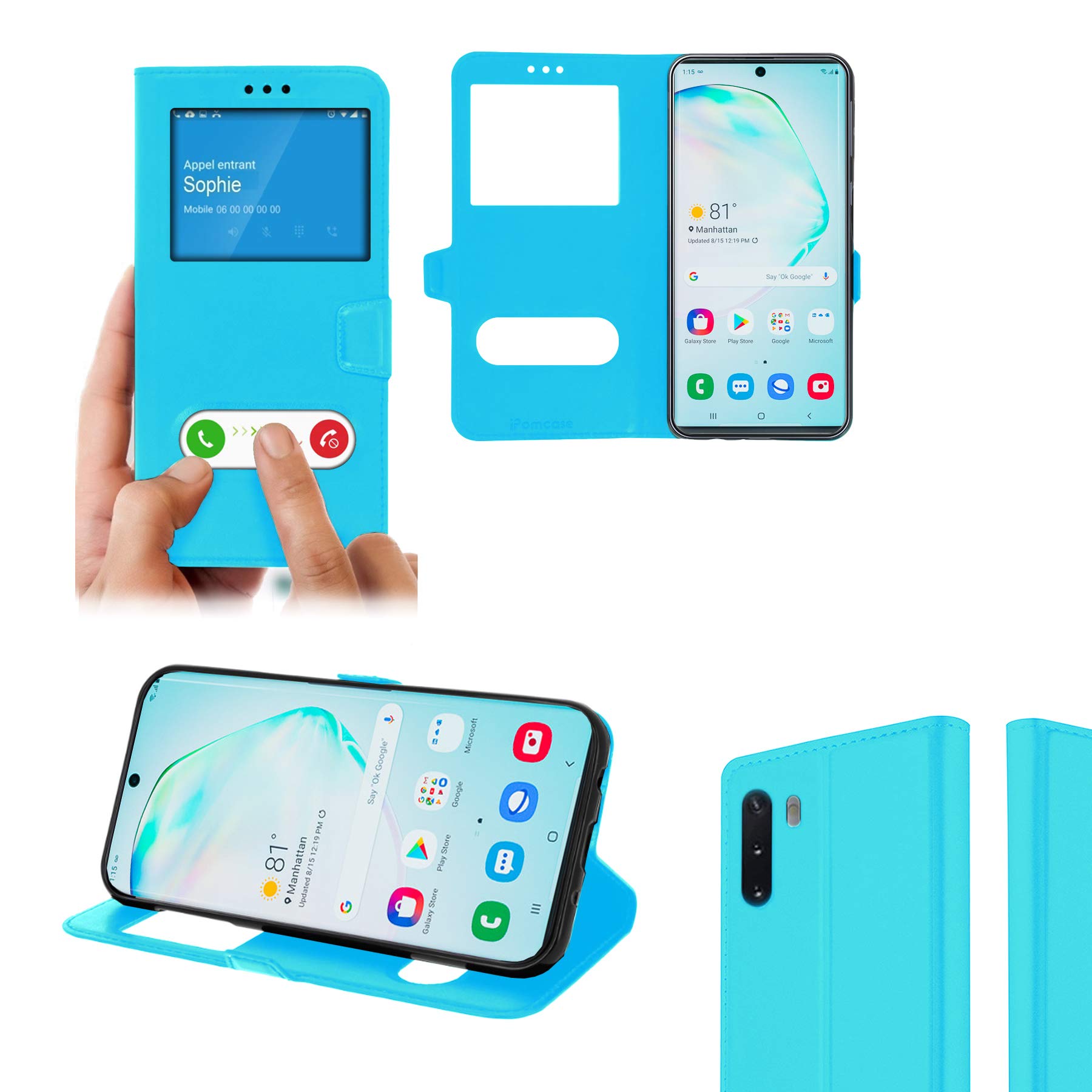 iPOMCASE Coque Fenêtre Décrochage Appel pour Samsung Galaxy Note 10, Turquoise