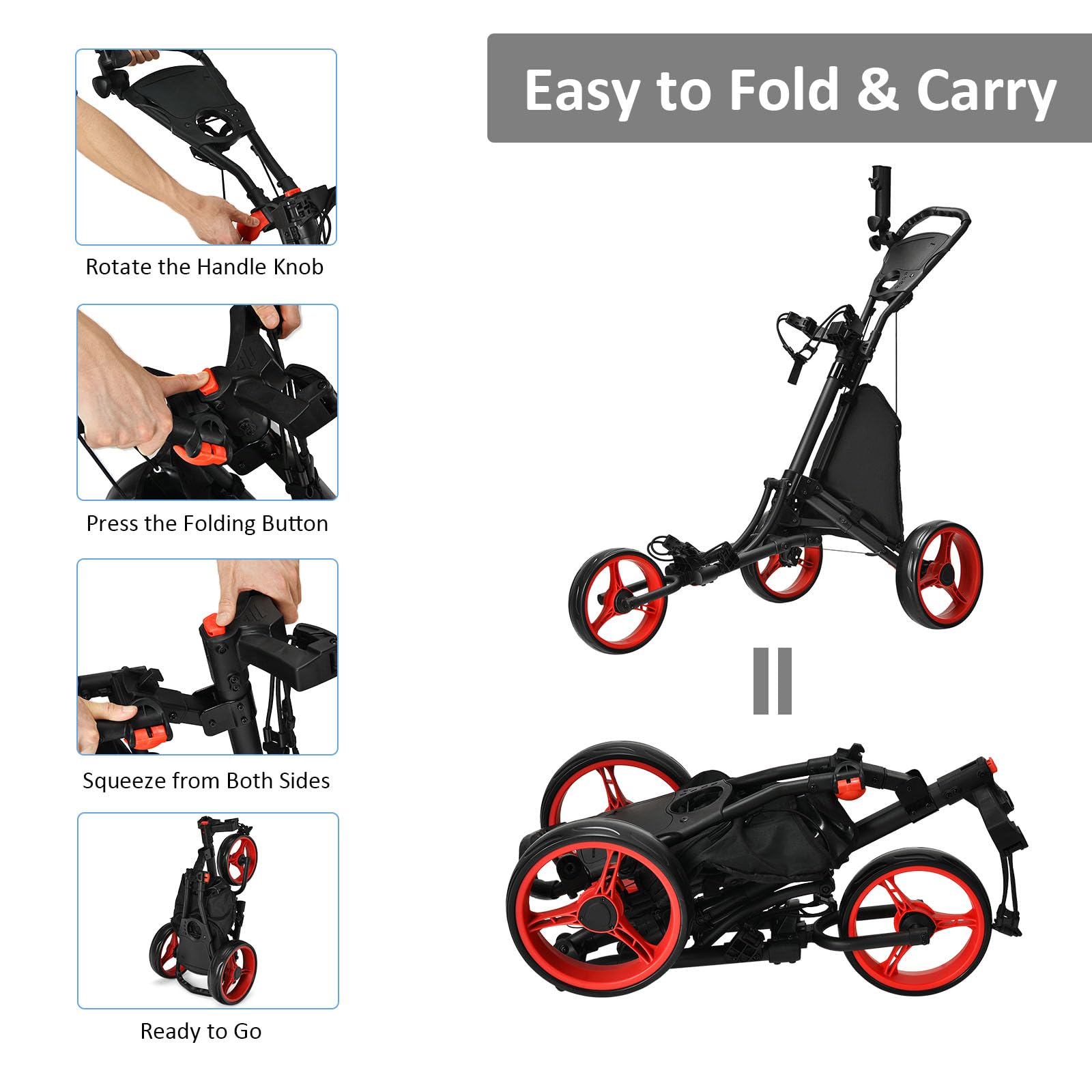 LIFEZEAL Carrito de Golf Plegable 3 Ruedas con Freno de Pie, Altura Ajustable, Paragüero, Portabotellas y Bolsa