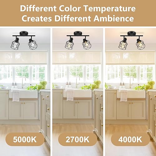 Miniatura 5 de Lámpara de techo de cocina de 2 luces, ajustable semiempotrada con jaula de alambre de metal, focos de techo vintage para comedor, granja, entrada