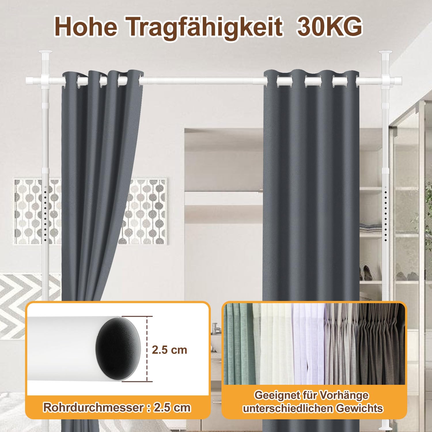 Paravent sans perçage - Tringle à rideaux autoportante réglable en hauteur et en largeur - Support de rideau comme séparateur d'intimité pour chambre à coucher, bureau, salon - Blanc