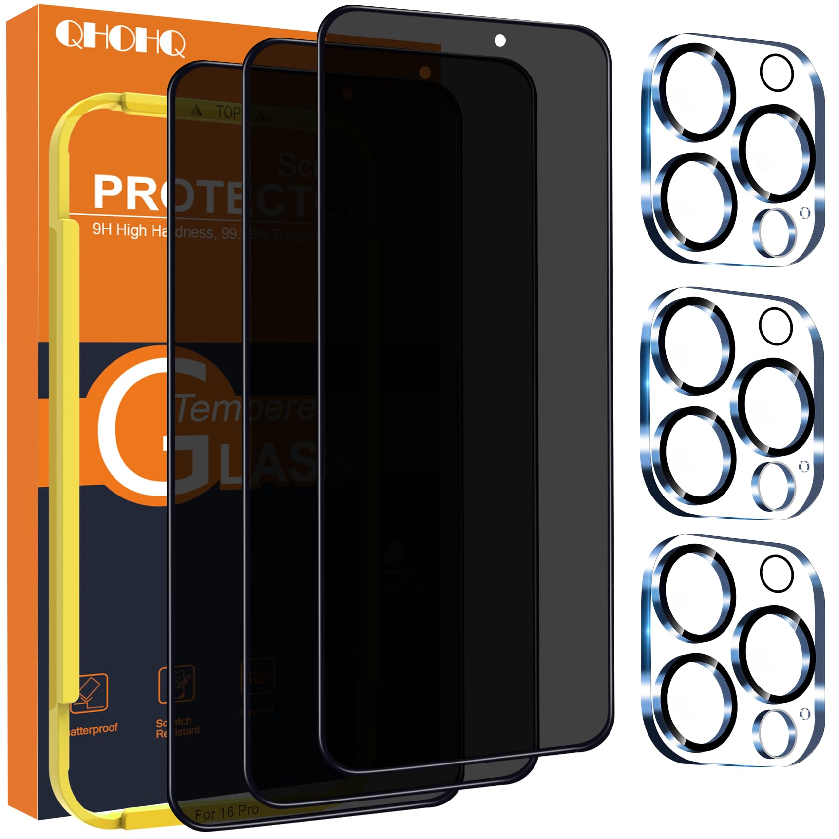 QHOHQ for iPhone 16 Pro Privacy Screen Protector + Camera Lens Protector, [Military Grade Shatterproof], Top 9H+ Anti Spy Glass, Full Edge Coverage, Ultra Durable, with Installation Tool [3+3 Pack]