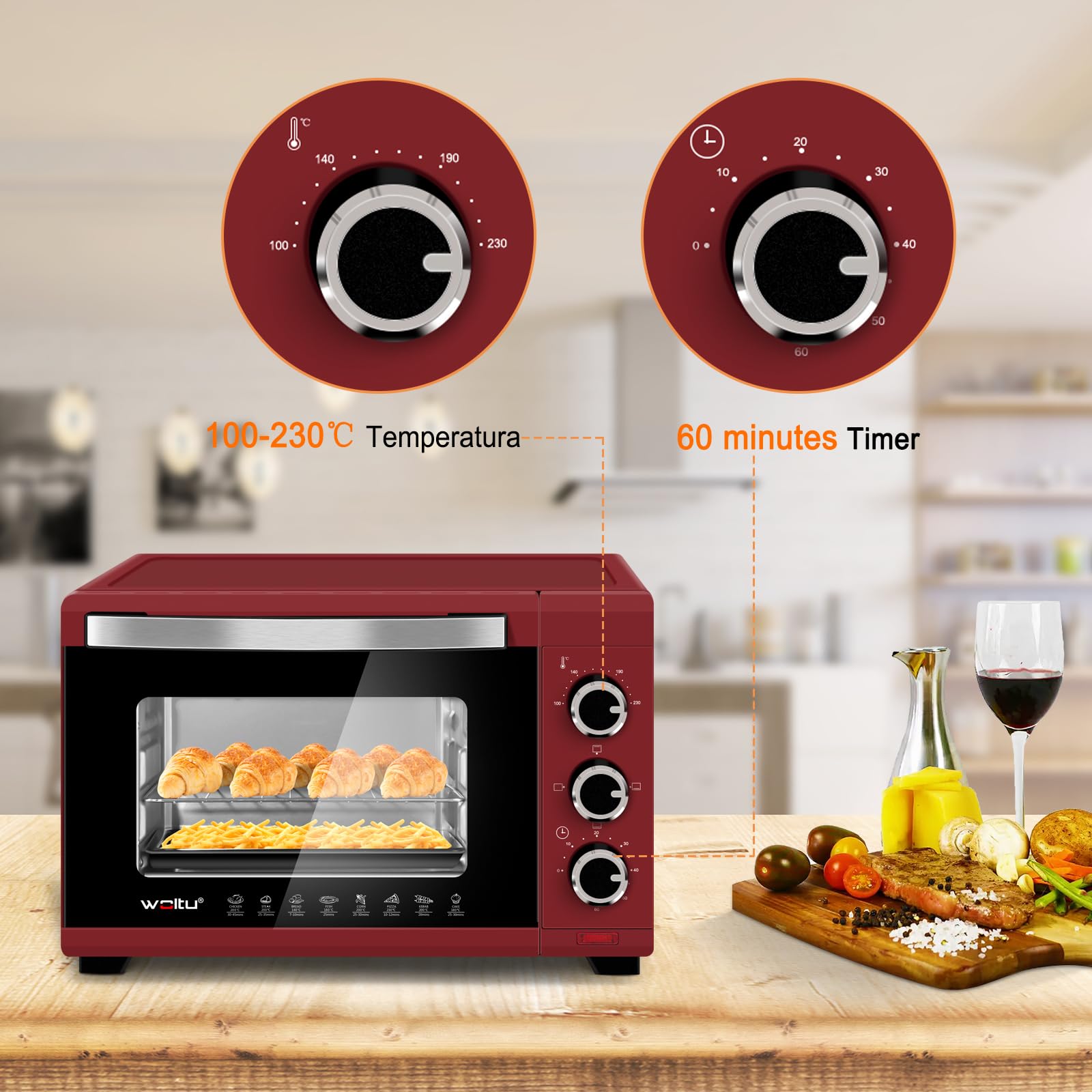 WOLTU Horno Pequeño Sobremesa 21 L 1280 W 100-230℃ Rojo