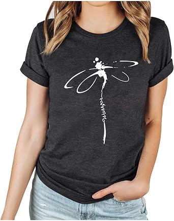 Womens Dragonfly Graphic Tees Trendy Casual Loose Summer Funny Cute Printed Short Sleeve Shirts Tops