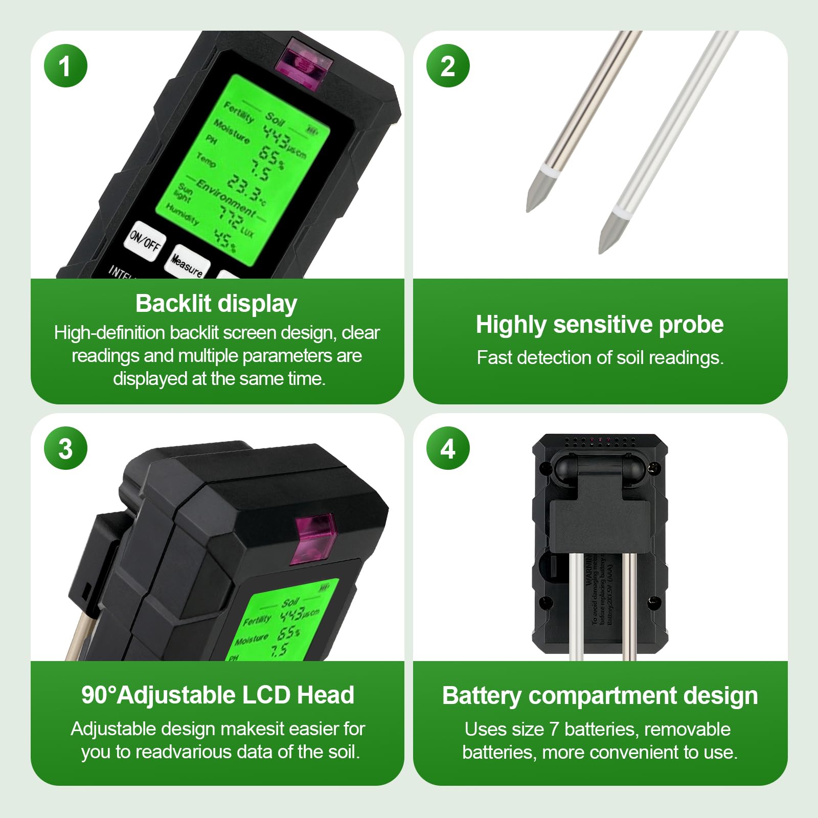 Misuratore Terreno 4 In 1: PH, Umidità, Luce E Temperatura - Tester Digitale Senza Batterie