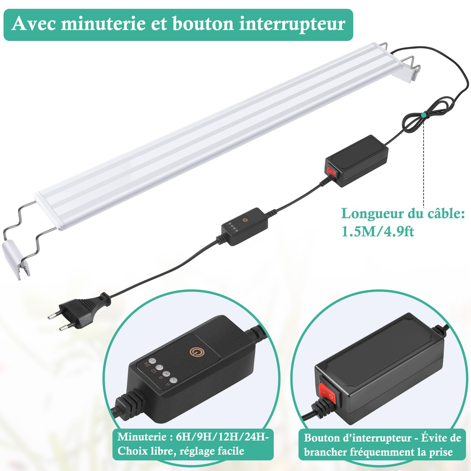 Rampe LED Aquarium à Spectre Complet, 30-60cm Lumière Classique pour Aquarium avec Minuterie, Lumière pour Plantes Aquariums avec Supports Extensibles Stables (60-80cm)