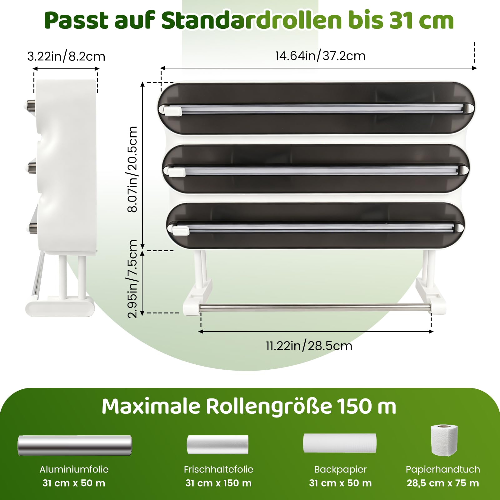 Dispensador de Papel Film y Aluminio & Soporte para Rollos de Cocina 4 en 1, Portarrollos Cocina con Cortador, Sin Taladrar, Pared y Contraparte Magnética, con Clips de Cierre (Negro)