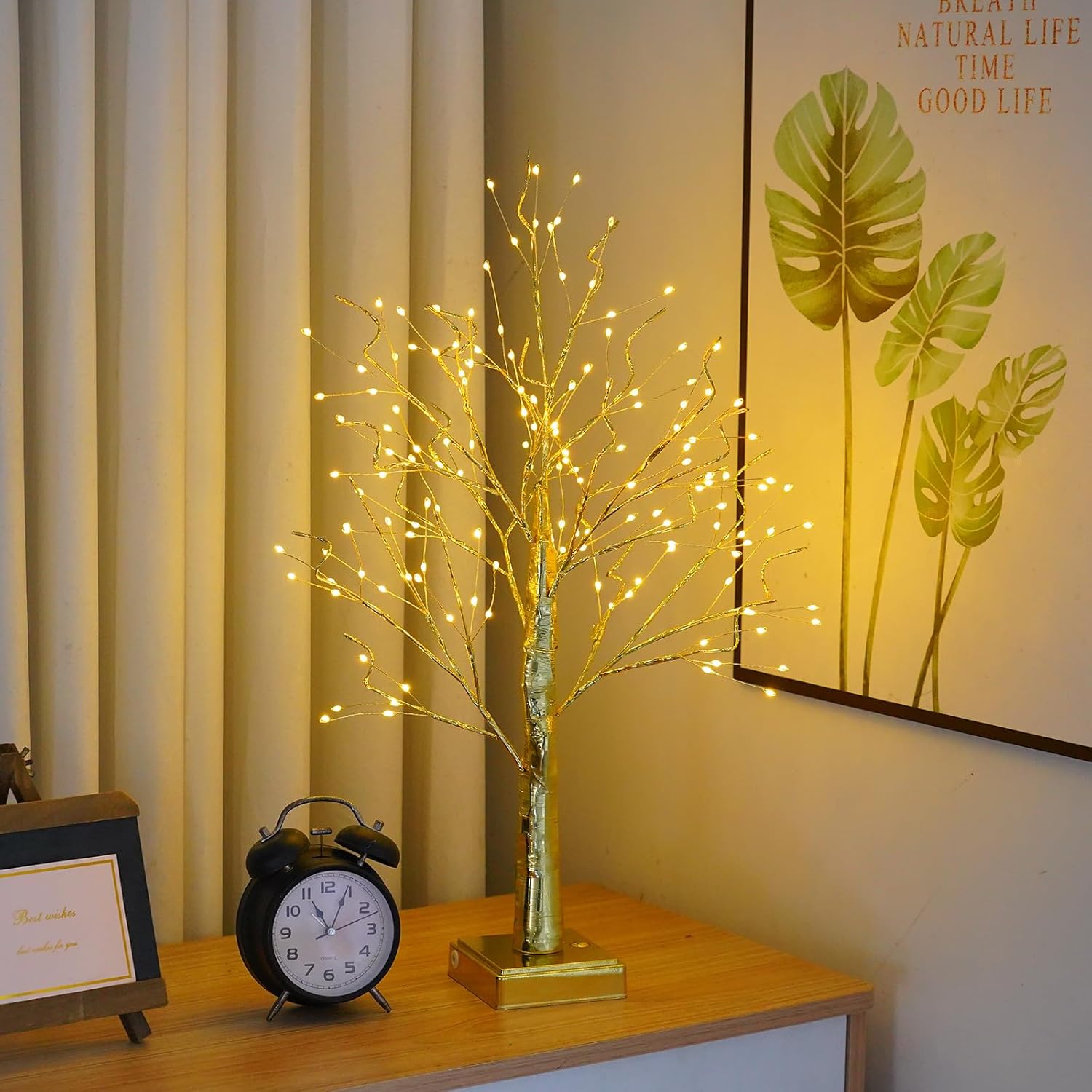 144 LED Artificial Tree Lamp with Timer, DIY Birch Tree with LED Lights, Lighted up Tree Lamp USB/3 AA Battery Powered, Fairy Light Spirit Tree for Table Home Wedding Bedroom Christmas (Gold)