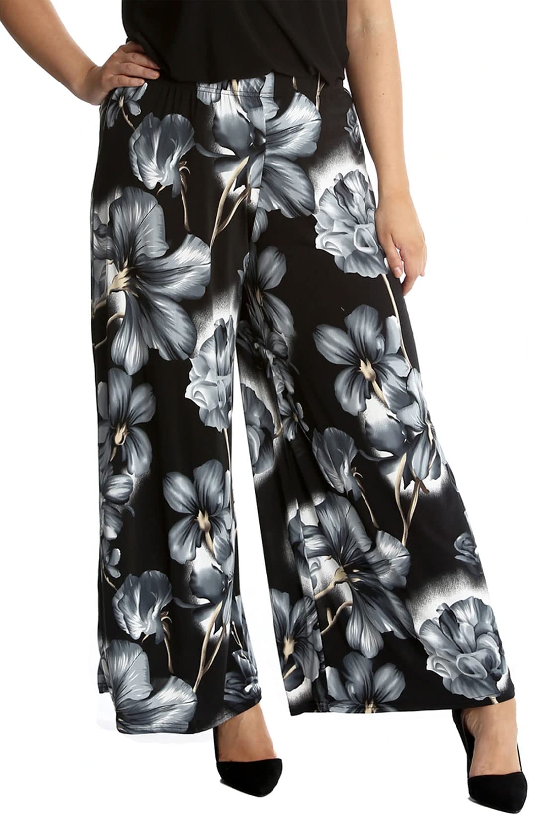 FAIRY BOUTIQUE Ladies Plain Printed Wide Leg Crepe Palazzo Trousers Womens Plus Size Casual Flared Pants Black Flower Print 28-30