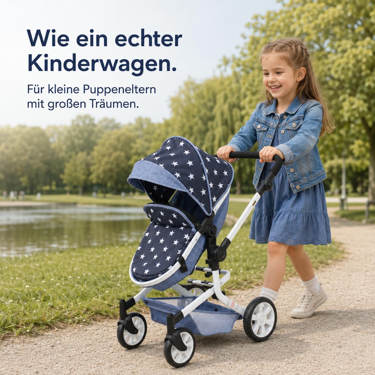 Bayer Chic 2000 - Wózek dla lalek Mika, wózek dla lalek kombi 2 w 1 dla dzieci w wieku od 4 do 8 lat, wózek dziecięcy dla lalek do 52 cm, gwiazdka, granatowy