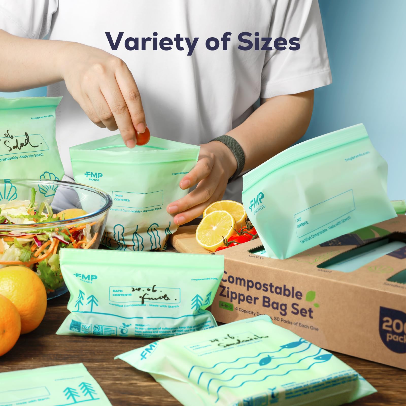 Fit Meal Prep Juego de bolsas Ziplock 100% compostables, bolsas resellables de almacenamiento de alimentos a base de plantas, aptas para congelador, bolsa con cremallera para alimentos, ASTM D6400,