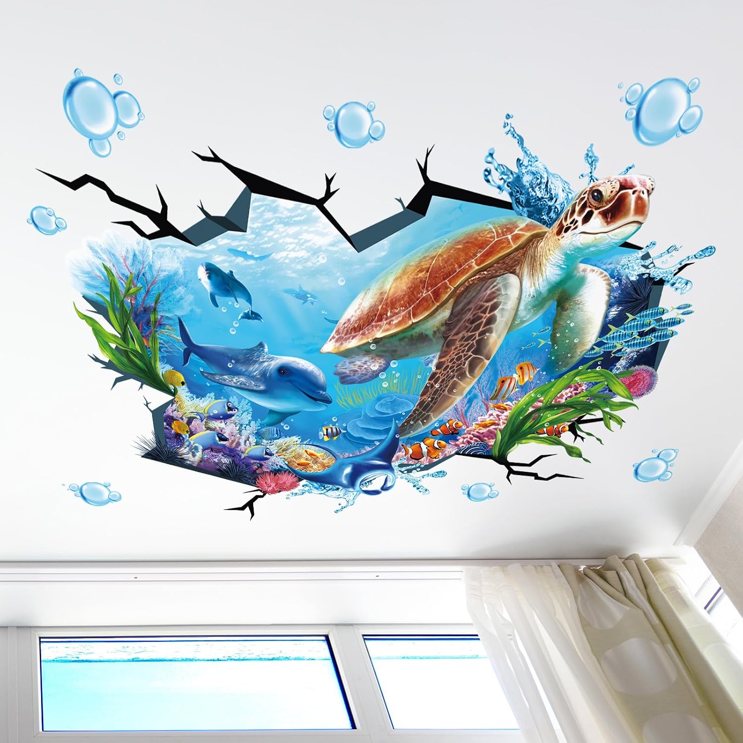 wondever Large Sea Turtle Under The Sea Wall Stickers 3D Underwater Dolphin Tropical Fish Ocean Wall Art Decals for Baby Nursery Kids Bedroom Bathroom