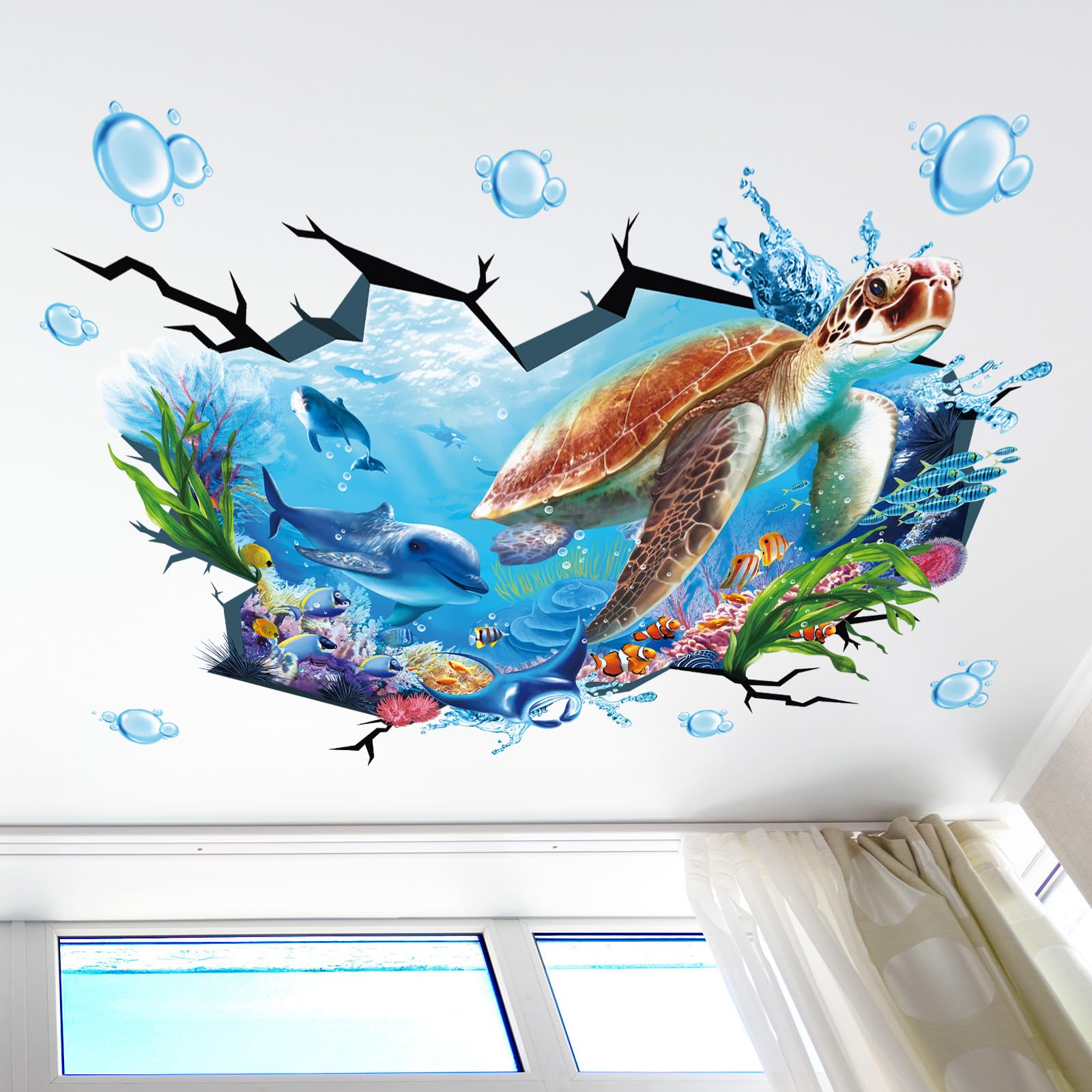 wondever Large Sea Turtle Under The Sea Wall Stickers 3D Underwater Dolphin Tropical Fish Ocean Wall Art Decals for Baby Nursery Kids Bedroom Bathroom - Image 3