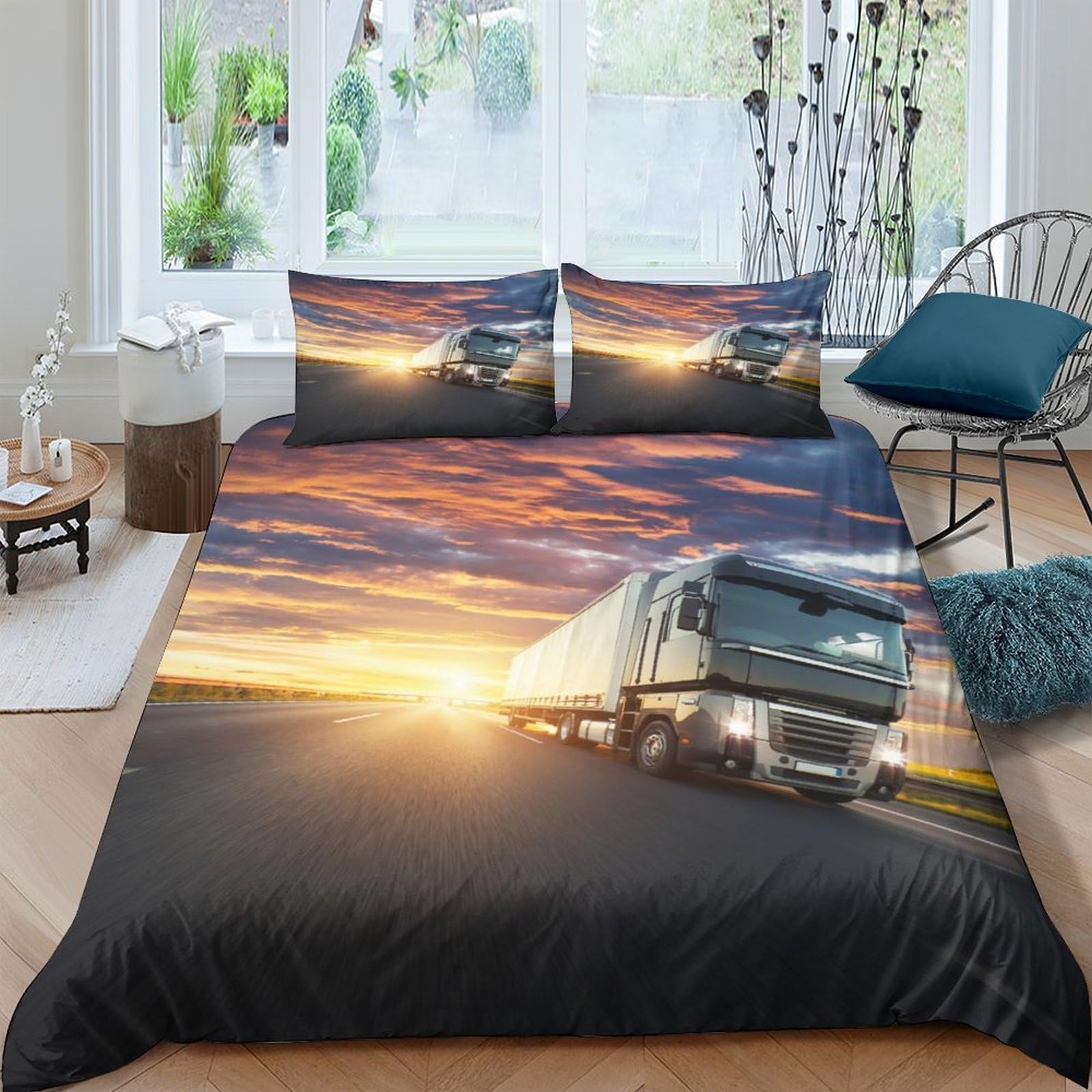 Ctjqhvkz Style-5 3D Printed Truck Sunset Fitted Sheet Microfiber Soft Anti-Slip Road Landscape Mattress Cover For Bedroom Decor Dorm Single（135X200cm）