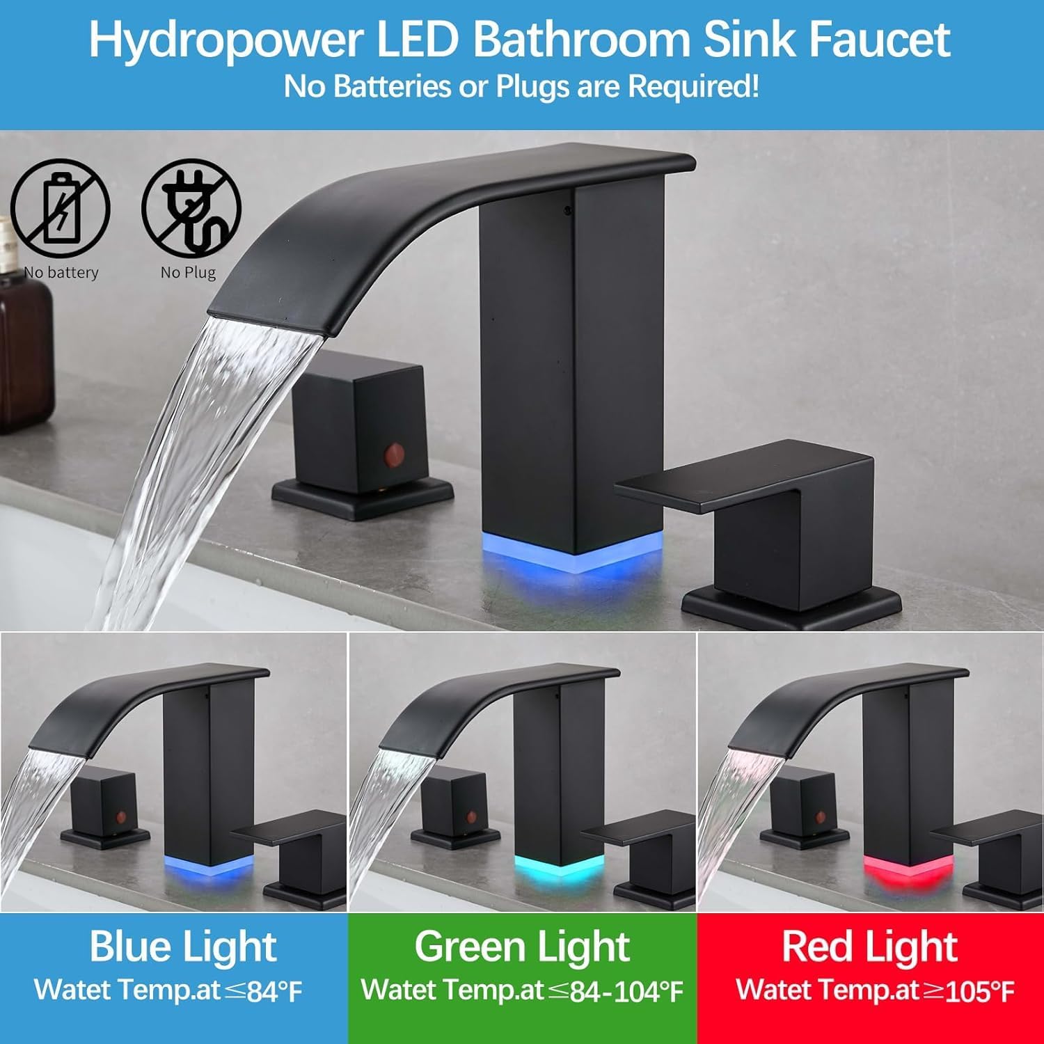LED Light Black Waterfall Bathroom Faucet 3 Holes - 8Inch Widespread Bathroom Sink Faucet | Two Handles Lavatory Vanity Sink Faucets with Pop-up Drain Assembly & Supply Lines - Image 2