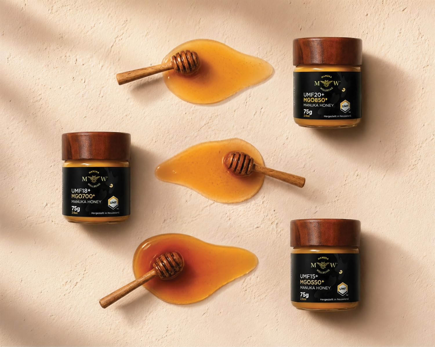 NZfyMe–Manuka Honig Experience Set–3x75g (MGO 550+/UMF 15+, MGO 700+/UMF 18+, MGO 850+/UMF 20+) | Premium Edition im Glas mit Holzlöffel & Geschenkbox| Zertifiziert & Hergestellt in Neuseeland
