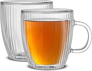 JoyJolt Fluted Glass Coffee Mugs, Double Wall Coffee Mugs. 13.5oz Clear Coffee Mug Set of 2. Latte Glasses, Glass Cappucci...