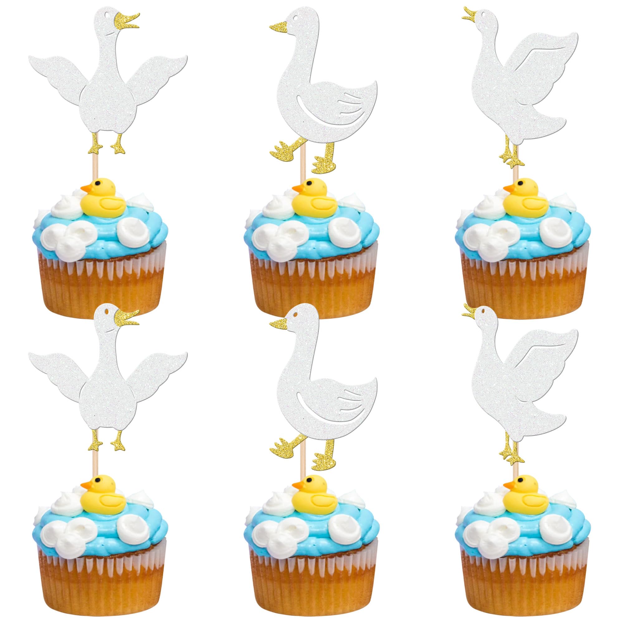 24 PCS Silly Goose Cupcake Toppers Glitter White Goose Duck Cupcake Picks One Silly Goose Birthday Decorations for Boys Girls Baby Shower Kids