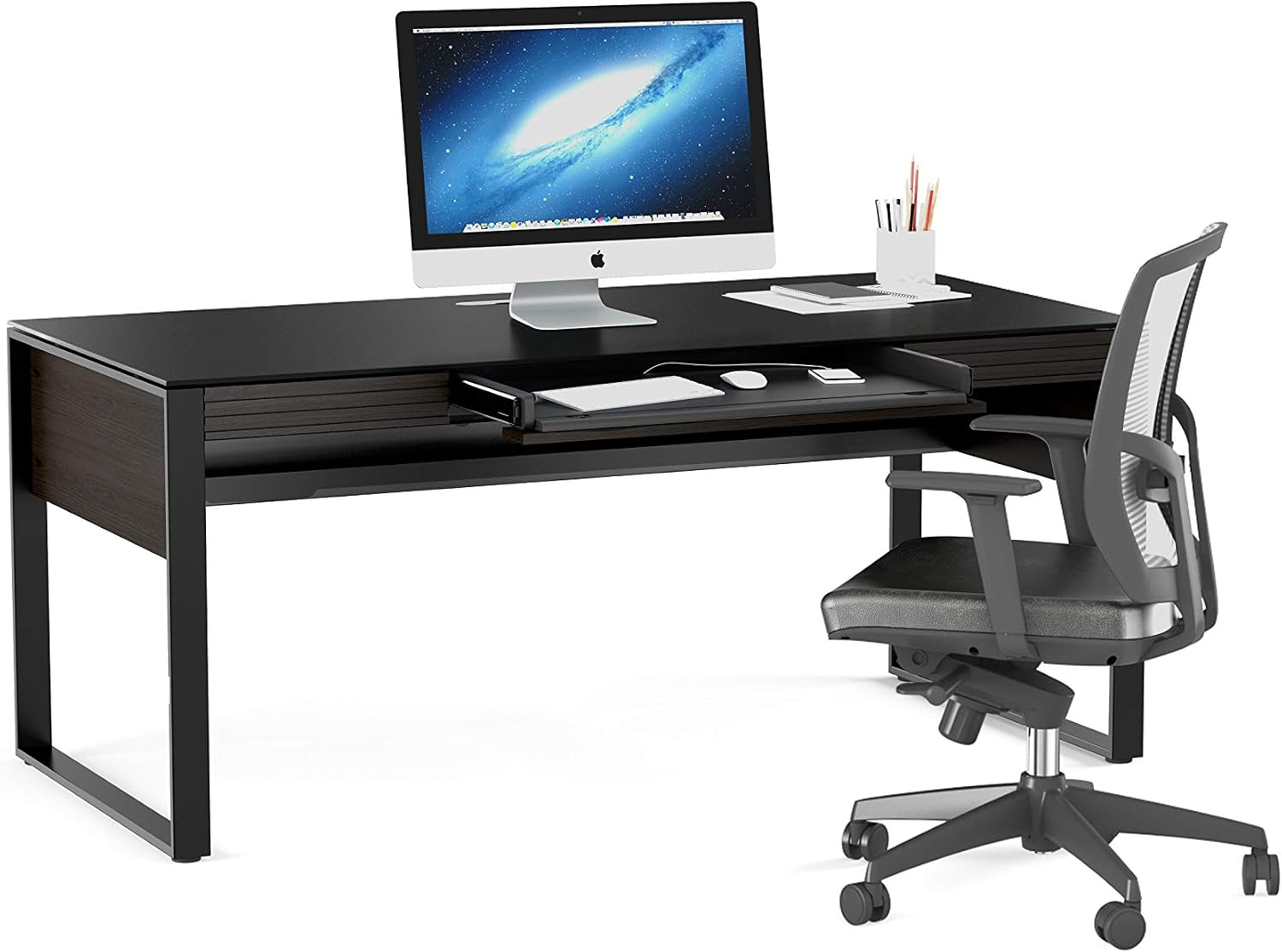 BDI Furniture Corridor 6521-67.75'' x 32.25" Executive Office Desk for Home or Office with Keyboard Drawer, Cable Management, Satin-Etched Tempered Glass, Charcoal Stained Ash