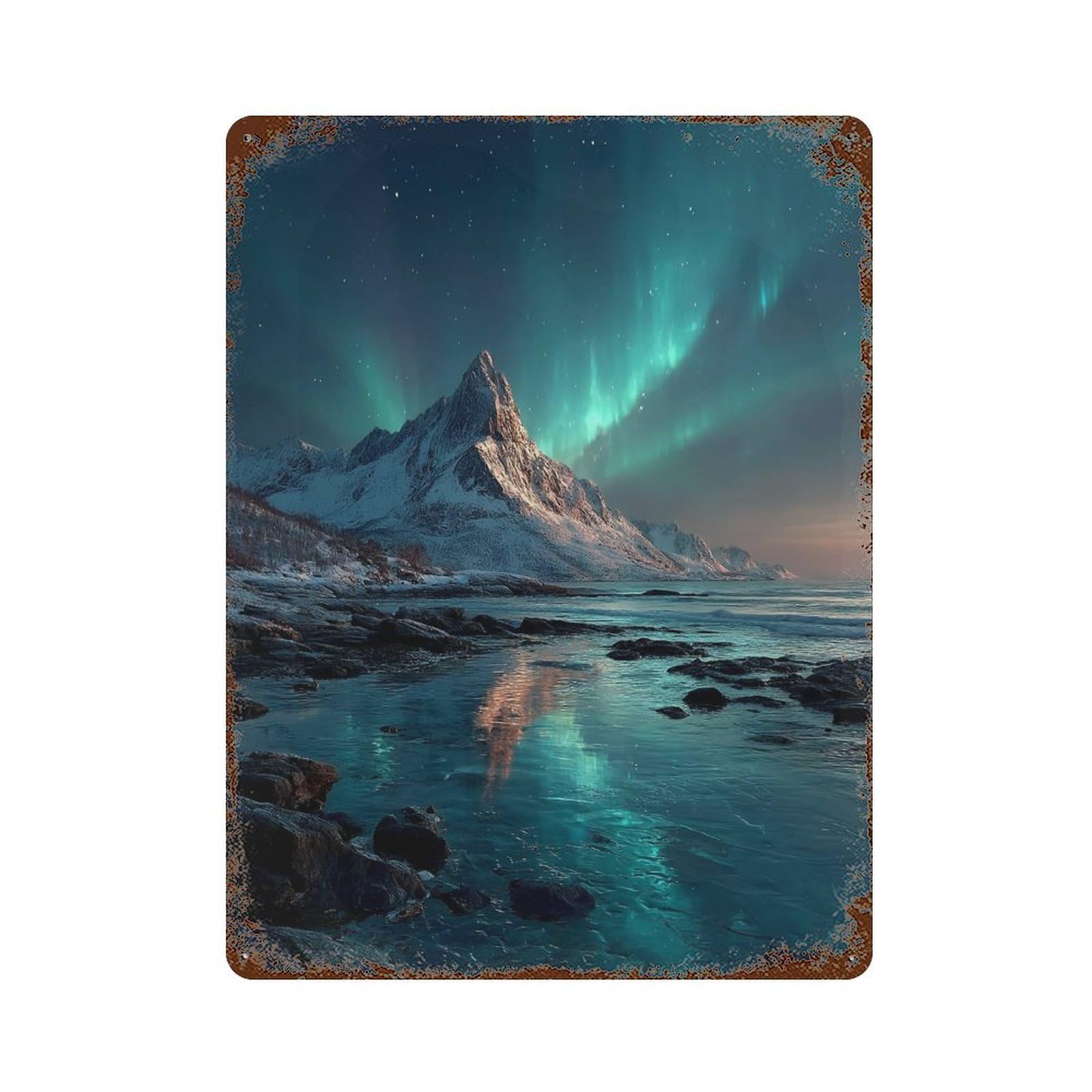 Aurora Borealis Over Snowy Mountains Rusty Metal Tin Sign 15.7"x11.8", Vintage Wall Decor for Garage, Pub Or Kitchen