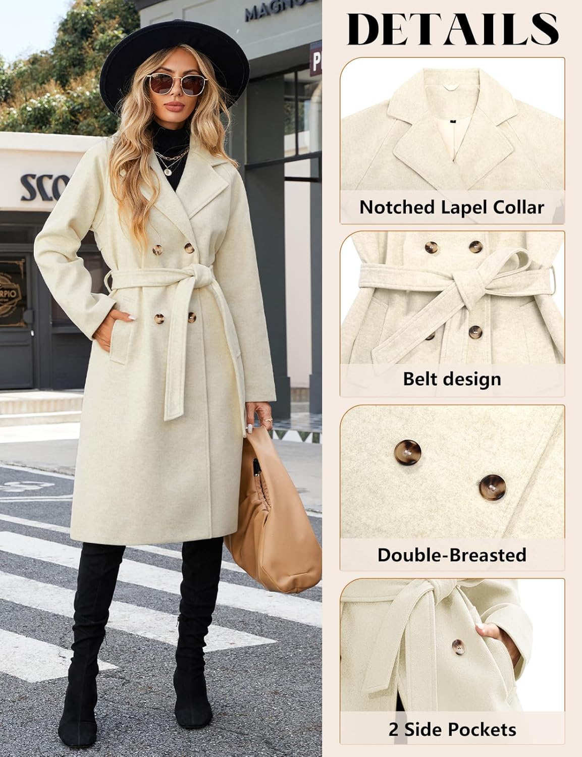 Elegant Double-Breasted Trench Style Overcoat Details