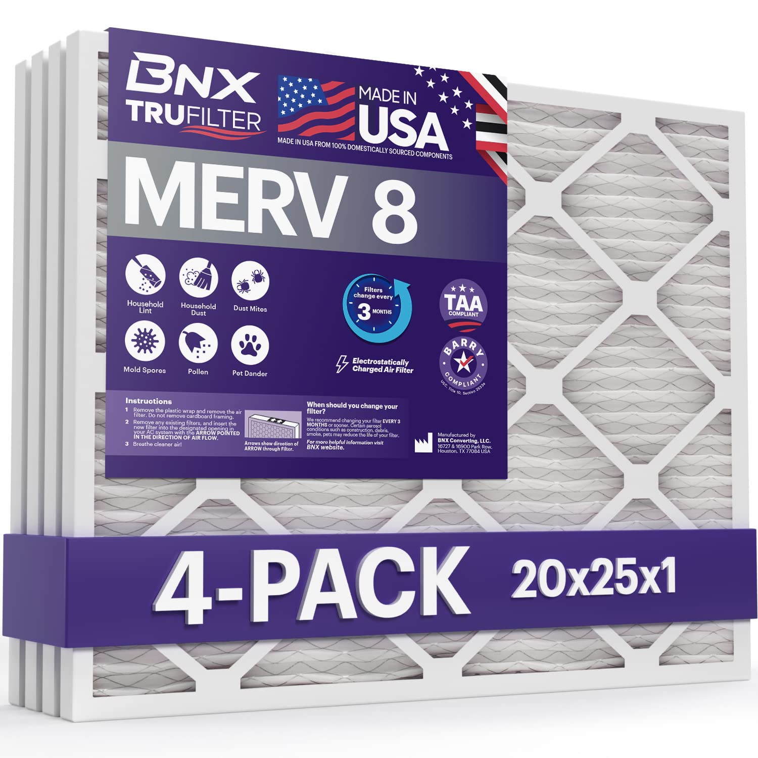 BNX TruFilter 20x25x1 Air Filter MERV 8 (4 Pack) - MADE IN USA – Dust &amp; Pet Defense Electrostatic Pleated Air Conditioner HVAC AC Furnace Filters for Dust, Pet, Mold, Pollen MPR 600 – 700 &amp; FPR 5