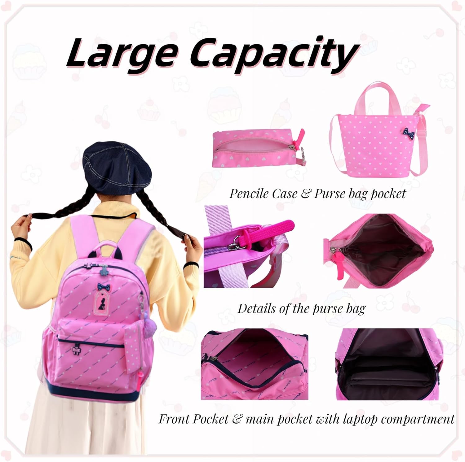 VIDOSCLA 3Pcs Heart Printing Backpack Sets Bowknot Primary Schoolbag Travel Daypack Shoulder Bag Girls Rucksack knapsack - Image 5