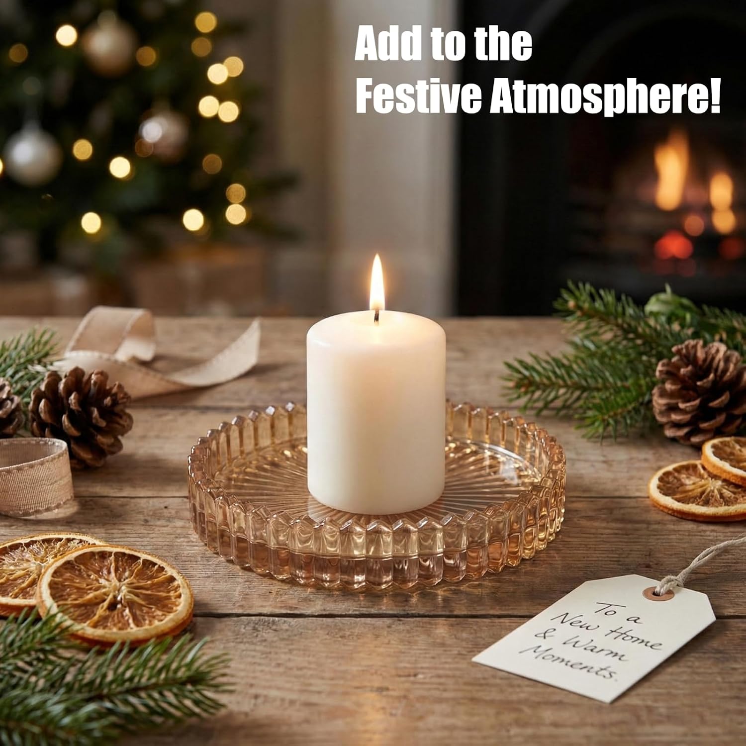 3PCS Amber Ribbed Pillar Candle Holders: Clear Crystal Votive Candle Dish - Modern Vintage Round Glass Coasters & Jewelry Tray for Kitchen Island, Coffee Table Centerpiece, Bathroom Counter Decor